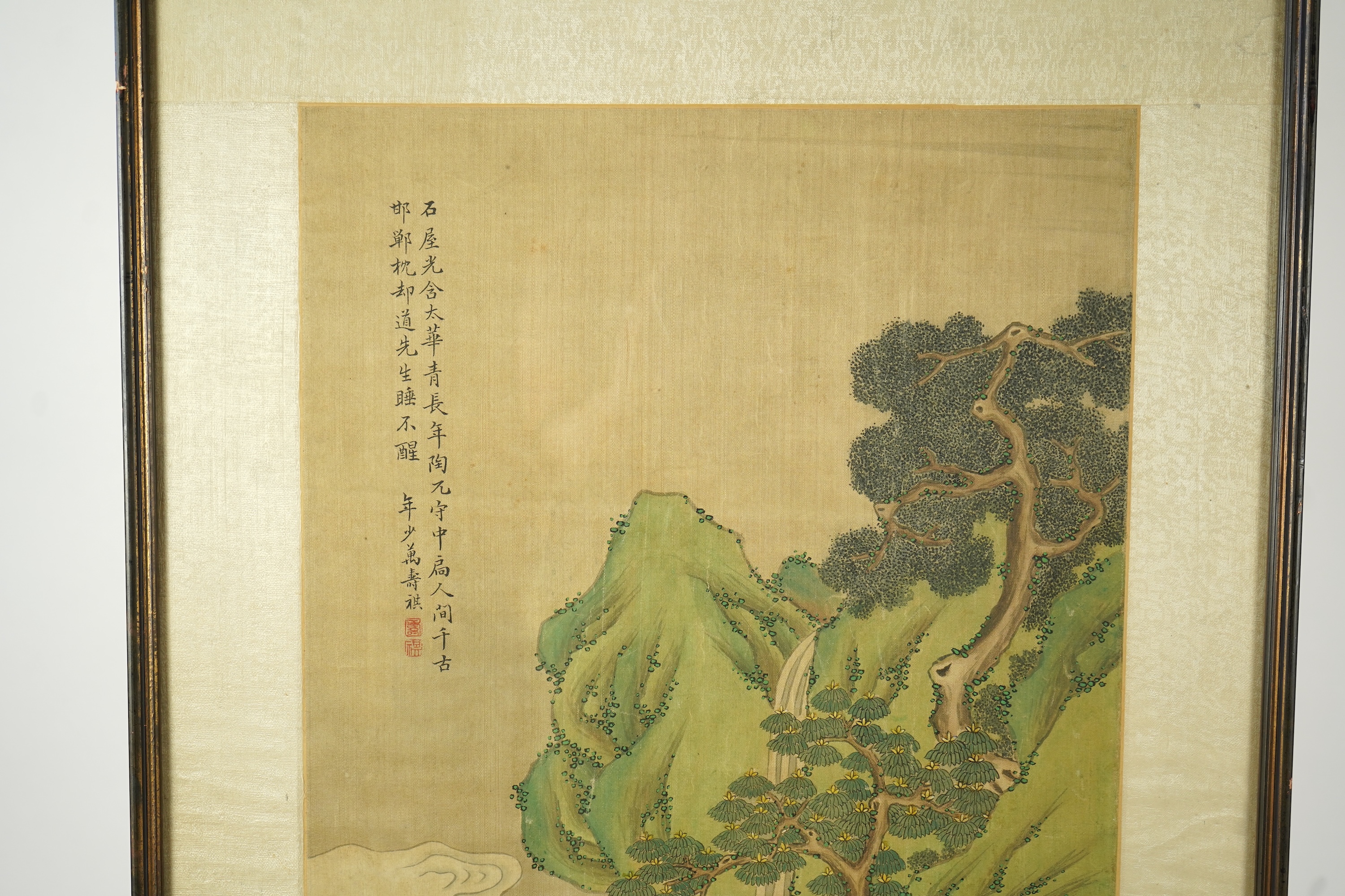Chinese School , (late 19th century), Immortals in a landscape, Ink and colour on silk, 114.5cm x 40.5cm, excluding brocade border